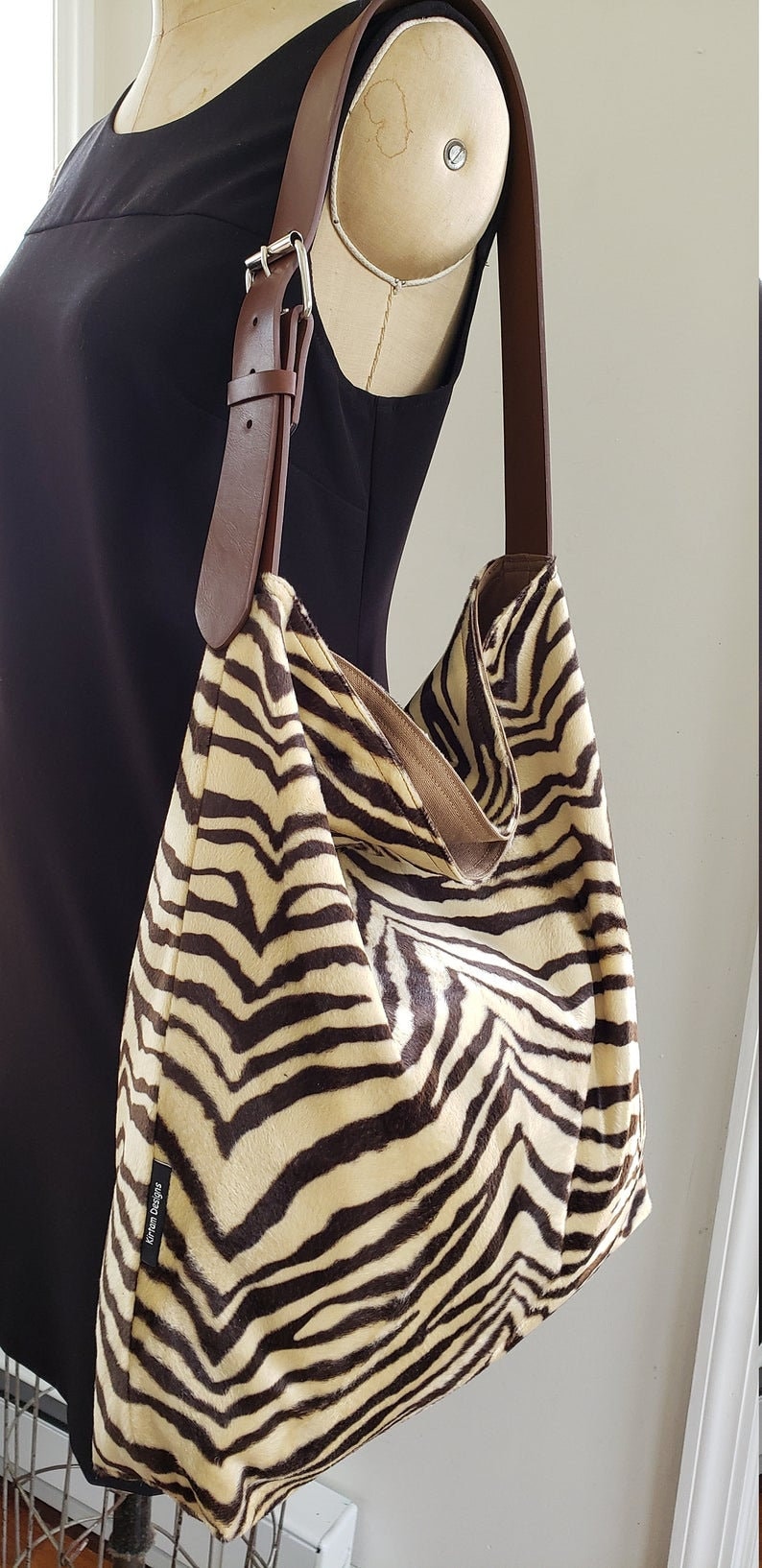 Zebra animal print hobo tote bag, cloth handbag shoulder bag, handmade, hippie tote, brown and beige image 2