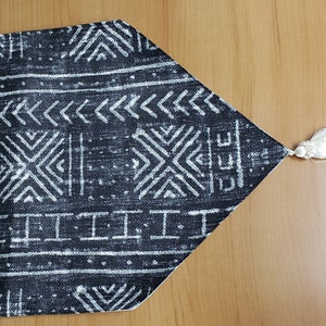 African Mudcloth Inspired table runner with tassel, black and ivory mudcloth print tablerunner, handmade