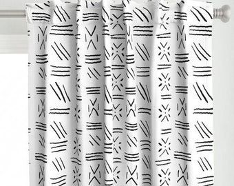 African mudcloth print linen cotton canvas window curtains,  rod pocket drapes, back tab drapes custom window treatments