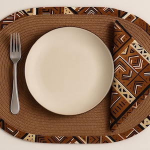Brown oval placemats with African print or dinner napkins Artisan, handmade crafts