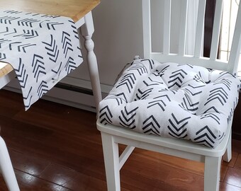 Set of 2 chair pads, African mud print, tufted chair cushions, dining chair pads, seat cushion,  ivory and black