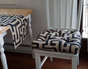 Set of 6 African kuba print, tufted chair cushions dining chair pads, seat cushions, dark  brown and beige linen canvas