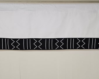 White cotton valance accented with African print mudcloth trim custom made window treatment, rod pocket