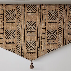 African mudcloth Valance with tassel, mud print window curtains, beige and black rod pocket African window treatments image 3