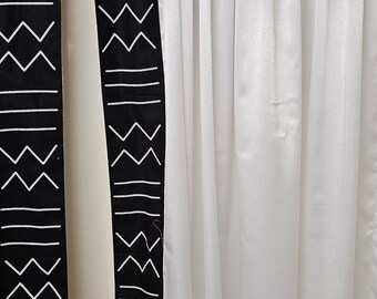 Two white curtain panels 52W X 84L with African print  Faux silk RTS ready to ship