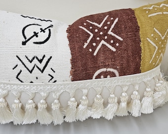Handmade Artisan 18" x 11" African mudcloth bogolanfini accent throw pillow tassels fringe