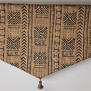 African mudcloth Valance with tassel, mud print window curtains, beige and black rod pocket African window treatments