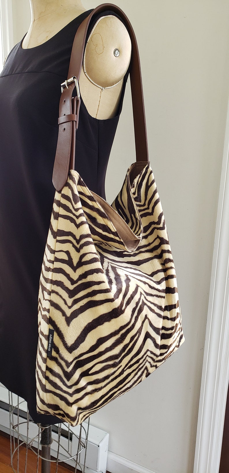 Hobo tote bag, cloth handbag shoulder bag, handmade, hippie tote gift brown and beige zebra animal image 1