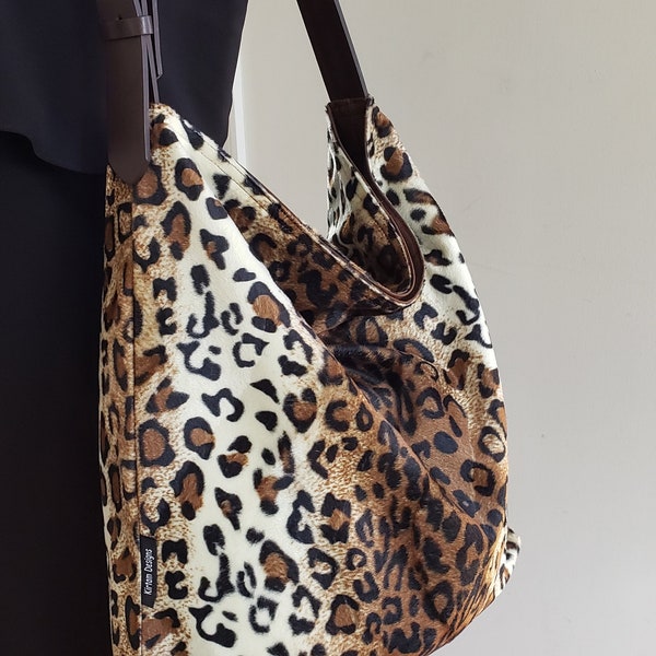Medium size Leopard animal print hobo tote bag, cloth handbag shoulder bag, handmade, hippie tote brown