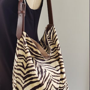 Zebra animal print hobo tote bag, cloth handbag shoulder bag, handmade, hippie tote, brown and beige image 1