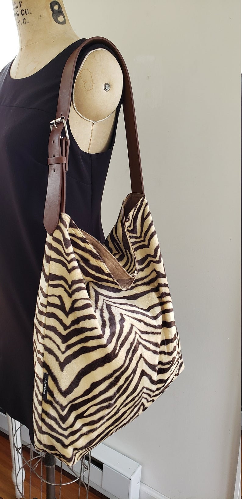 Zebra animal print hobo tote bag, cloth handbag shoulder bag, handmade, hippie tote, brown and beige image 1