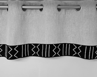52"W x 16"H grey Grommet valance with black African mudcloth print gray