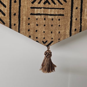 African mudcloth Valance with tassel, mud print window curtains, beige and black rod pocket African window treatments image 2