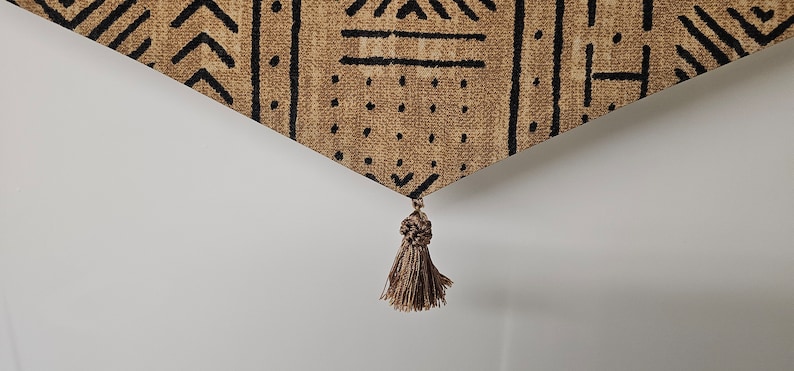 African mudcloth Valance with tassel, mud print window curtains, beige and black rod pocket African window treatments image 2
