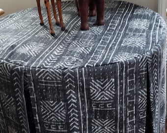 African mudprint round tableskirt, mudcloth pattern, black and ivory, beige and black, rectangular tableskirt