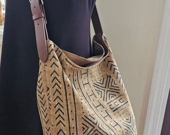 X-body hobo bag, Beige and black messenger tote bag, cloth handbag shoulder bag, handmade, hippie tote, boho tote