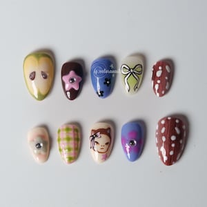 Choco Apple Press On Nails, 3D Brown Green Nail Art with Apple Slice, Polka Dots, Bows, Plaid, Cartoon Girl & Cute Pink Star Accent
