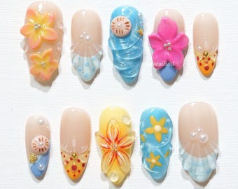 Hawaiian Flower Press On Nails, Summer Beach 3D Nails, Seashell Pearl Nail Art, Colorful Vacation Nails, Tropical Cute Press Ons