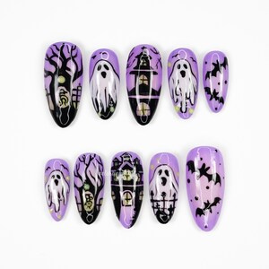 Haunted Graveyard Purple Press On Nails, Halloween Ghost Nails, Spooky Nail Art, Haunted House Nails, Witchy Nails V6926