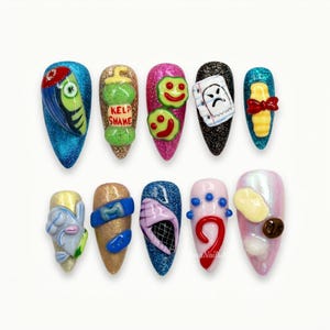 Funny Cartoon Meme Glitter Press On Nails, Sculpted Charms, Hand Painted, Neon Pop, Kawaii, Gift For Her ZD6VL
