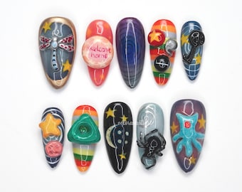 Galaxy Space Theme Drücken Sie auf die Nägel, 3D-Alien-Kunst, Kosmische Regenbogennägel, Himmlische Nageldesign, Funky Nette Maniküre