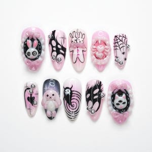 Yami Kawaii Press On Nails, 3D Bunny and Cat Art, Pink Black Cute Horror Style, Heart Spine Design, Spider Web Nails, Creepy Cute V1926