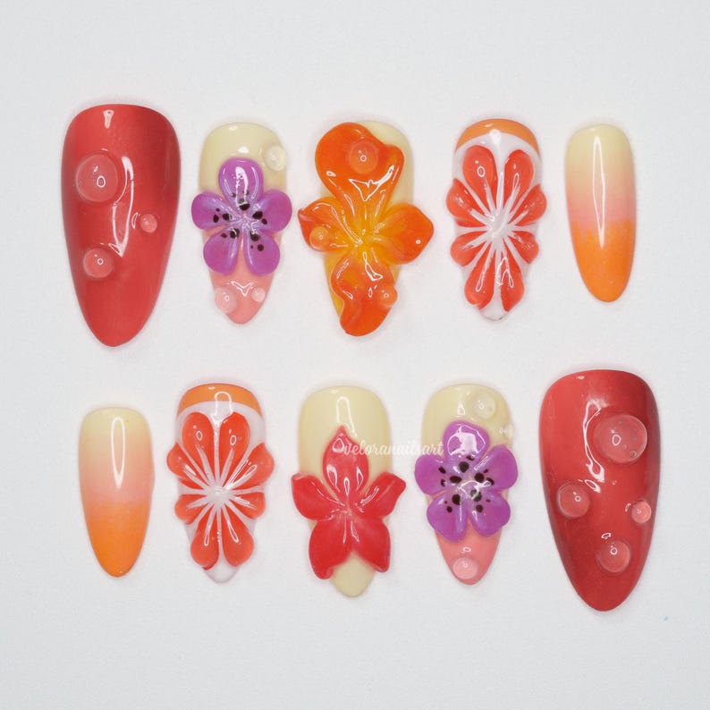 Tropical Bloom Press On Nails, 3D Orange Flower & Bubble Nail Art with Ombre Summer Vibes, Handmade Vibrant Nail Set image 1