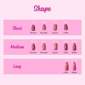 The image is a pink-themed nail shape chart that provides a visual guide for different nail shapes, ranging from short to long.