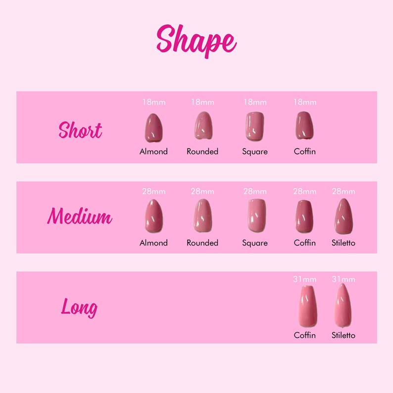 The image is a pink-themed nail shape chart that provides a visual guide for different nail shapes, ranging from short to long.