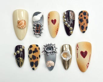 Vintage Gothic Ace Press On Nails, Leopard Shell Nail Art, Dark Casino Nails with Eye & Pearl Accents, Gothic Punk Nail Tips