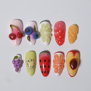 Summer Bites Press On Nails, Cute Fruit 3D Nail Art, Tropical Fruit Nails, Juicy Summer Nail Design, Colorful Handmade Nails