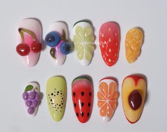 Summer Bites Press On Nails, Cute Fruit 3D Nail Art, Tropical Fruit Nails, Juicy Summer Nail Design, Colorful Handmade Nails