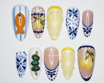 Mediterranean Press On Nails, Italian Tile & Lemon Nail Art with Fish Design, Blue White Ceramic Pattern Summer Nails