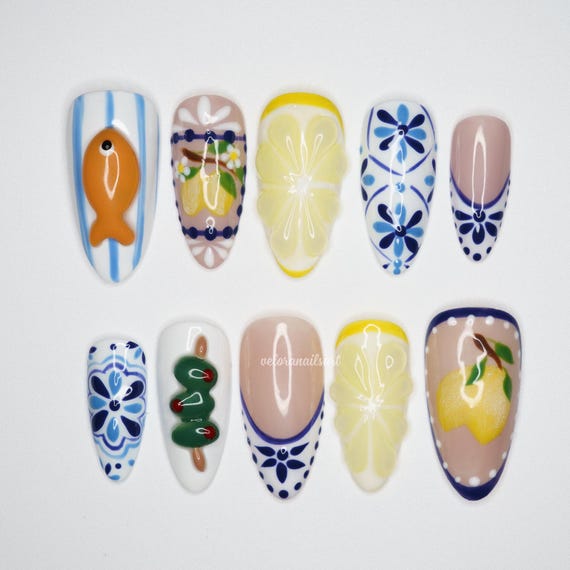 Mediterranean Press On Nails, Italian Tile & Lemon Nail Art with Fish Design, Blue White Ceramic Pattern Summer Nails