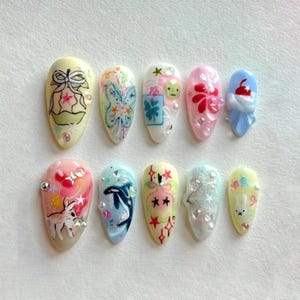 Kawaii Summer Fantasy Press On Nails, 3D Bunny Whale Butterfly Nail Art, Hand Painted Cartoon Mix Tips with Bow and Cherry