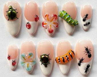 Garden Bug Parade Press On Nails, 3D Insect Nail Art with Ants, Ladybugs, Beetles and Caterpillars, Floral French Tip Nails