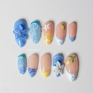 Lemon Blossom Press On Nails, Blue & Yellow Floral French Tips with 3D Flowers, Citrus Accents, Bow Detail, and Summer Garden Vibes