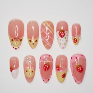Strawberry Bear Press On Nails, Cute Pink Kawaii Nails, 3D Dessert Nail Set, Rilakkuma Inspired Press Ons, Handmade Sweet Nail Art VL122