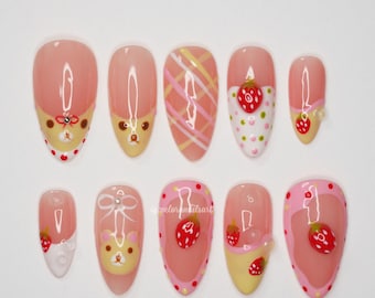 Strawberry Bear Press On Nails, Cute Pink Kawaii Nails, 3D Dessert Nail Set, Rilakkuma Inspired Press Ons, Handmade Sweet Nail Art VL122