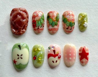 Hungry Caterpillar Press On Nails, Apple Pie 3D Nail Art, Kids Storybook Nails, Cute Fruit Pastel Handmade Nail Set