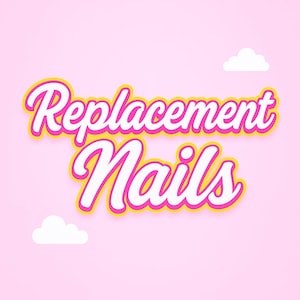 Puede incluir: Un fondo rosa con las palabras "Replacement Nails" en una fuente cursiva blanca, amarilla y rosa. Dos gráficos de nubes blancas en el fondo.