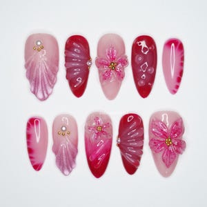 Cherry Blossom Press On Nails, Pink Burgundy Ombre with 3D Sakura Flower Art, Japanese Spring Nail Set with Pearls