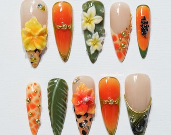 Tropical Hibiscus Press On Nails, Orange Green Jungle Nails, 3D Flower Summer Nails, Safari Leaf Art, Exotic Vacation Nails TMPMM