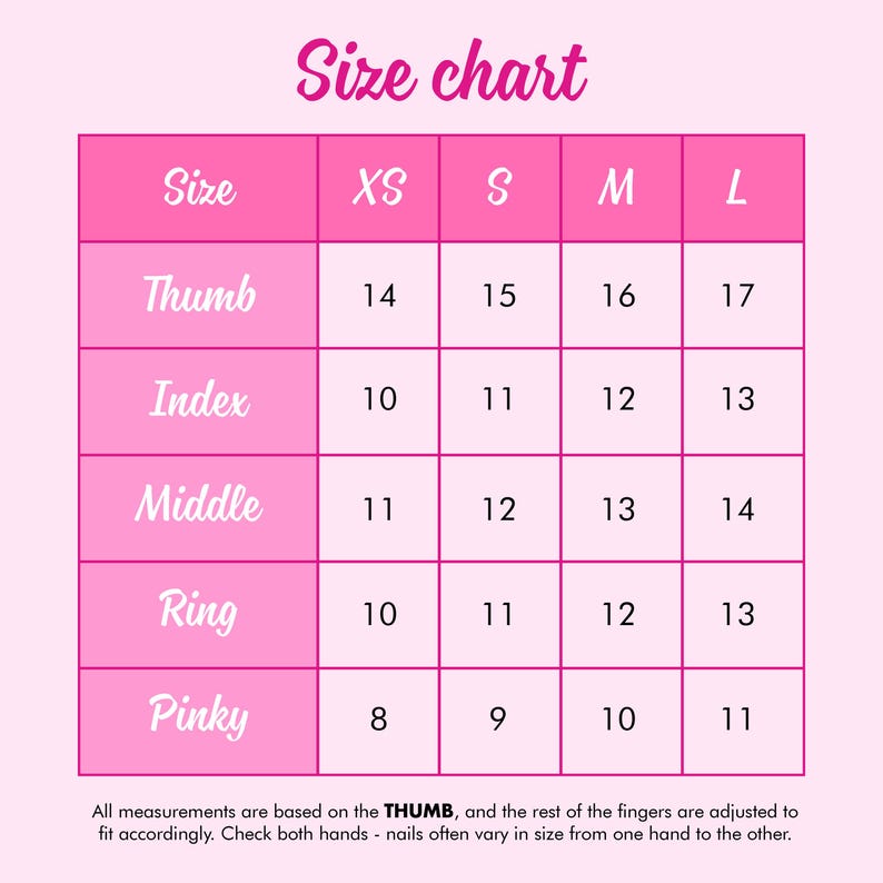 The image is a size chart that provides measurements for different hand sizes, specifically thumb, index, middle, ring, and pinky sizes. The chart is based on the thumb size, and the rest of the fingers are adjusted to fit accordingly. The chart includes the following hand sizes: XS, S, M, L, and Pinky. The thumb size is 14, the index size is 10, the middle size is 11, the ring size is 12, and the pinky size is 8.