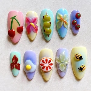3D Cherry Ladybug Fruit Press‑On Nails, Maximalist Summer Garden Nails, Cherry Blossom Gel Almond Press‑Ons