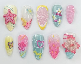 Starfish Heart Press On Nails, 3D Summer Beach Nails, Colorful Cute Floral Nails, Butterfly Tropical Nails, Kawaii Ocean Nail Art