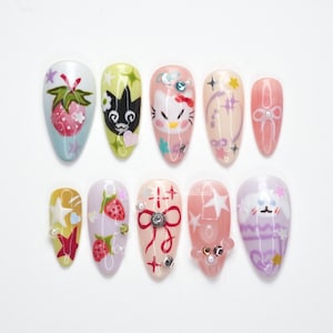 Kawaii Character Art Press On Nails, Cute Cartoon Nails, Pastel Anime Art, Strawberry Nail Design, Hand Painted Fun VQRMM