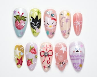 Kawaii Character Art Press On Nails, Cute Cartoon Nails, Pastel Anime Art, Strawberry Nail Design, Hand Painted Fun VQRMM