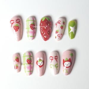 Strawberry Bunny Press On Nails, Cute 3D Nail Art Set with Strawberries, Bows, Gingham, Stars & Bunny Faces, Kawaii Red Pink Green Design