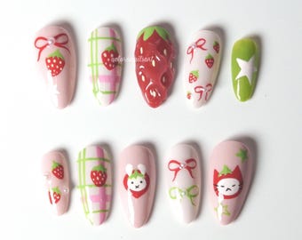 Strawberry Bunny Press On Nails, Cute 3D Nail Art Set with Strawberries, Bows, Gingham, Stars & Bunny Faces, Kawaii Red Pink Green Design
